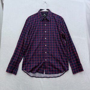 Butter Cloth Shirt Men L Blue Windowpane Plaid Regular Fit Stretch Flip Cuff